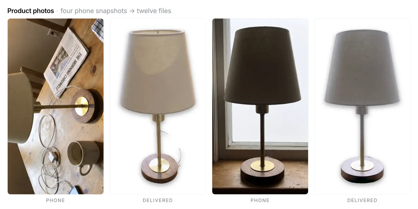 Cluttered phone photos of a lamp beside the same lamp on plain white